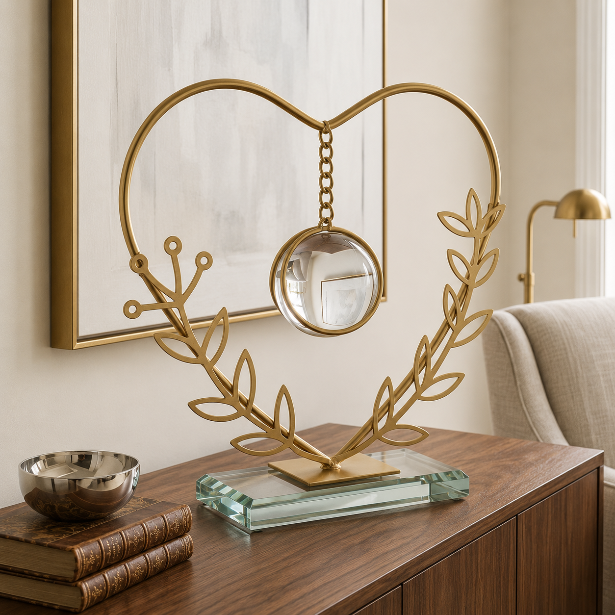 Elegant Gold Metal Heart Figurine with Floating Glass Ball